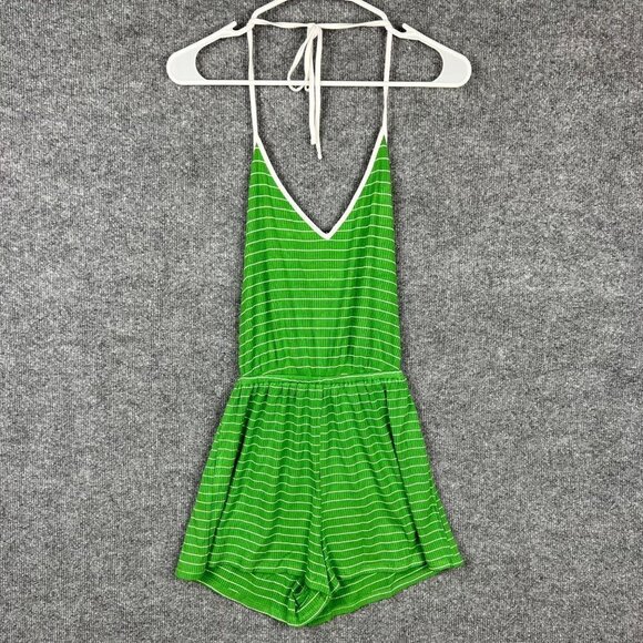 NEW Forever 21 Striped Spaghetti Strap Romper Green SZ Small - Picture 1 of 9
